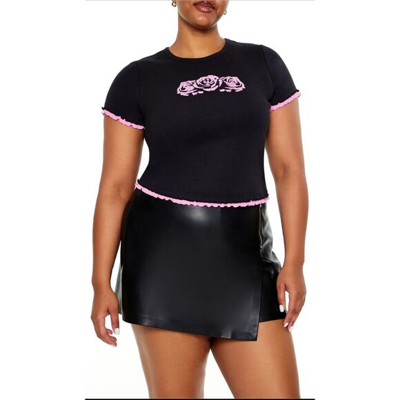 Y2K Black & Pink Layered Rose Graphic Crop Baby Tee, Forever 21,Plus Size 2x NEW - Picture 1 of 9